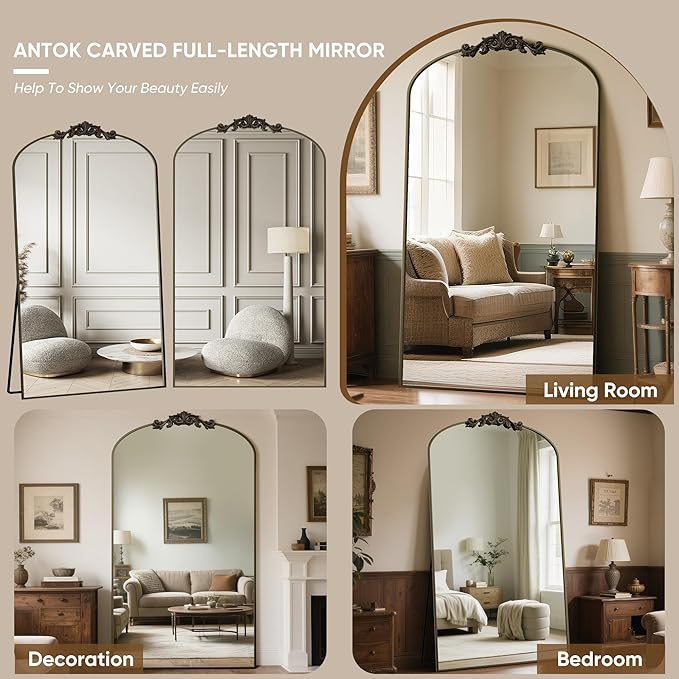 Antok Arched Full Length Mirror, 72"x44" Floor Mirror with Carved, Full Body Mirrors for HomeDecor, Standing/Halling Large Wall Mirror for Bedroom, Living Room, Cloakroom, Bronze, Vintage Style