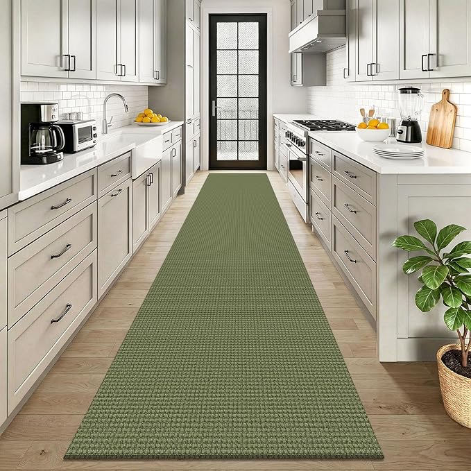 KOZYFLY Cotton 2.5'x12' Runners Rugs for Hallway, Long Washable Runner Rug, Woven Non Slip Kitchen Runner, Braided Entryway Rug, Floor Carpet for Entry, Aisle, Hall, Olive Green/Earthy Green