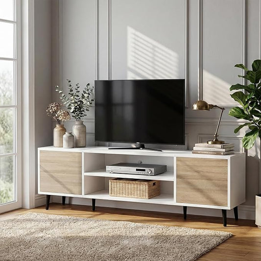 YESHOMY Mid-Century Modern TV Stand for 55-65 Inch TVs, 58 Inch Entertainment Center with Storage, Media Console with Push-to-Open Doors and Cable Management for Living Room, Bedroom(White and Beige)