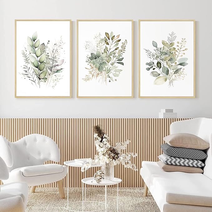 Joocrise Watercolor Botanical Wall Art Set of 3 Boho Floral Canvas Wall Decor Prints Sage Green Wildflower Wall Art Modern Flower Pictures Botanical Painting for Bedroom Bathroom 16x24 Inch Framed