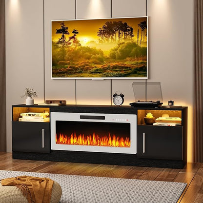 TAVATA 70" Fireplace TV Stand, Modern LED Light Entertainment Center with Storage and 36" Fireplace, Media TV Console for TVs Up to 80", Fire Place TV Stands for Living Room, Black+White