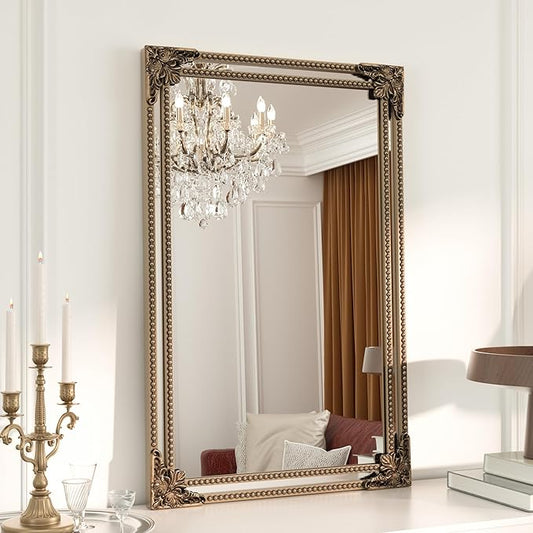 Keonjin Gold Vintage Mirror 20 x 30 Inch, Antique Mirrors Rectangle, Traditional Brass Mantel Decoration, Baroque Style Wall Decor for Hallway, Fireplace, Entryway, Living Room, Anti-Rust, Waterproof