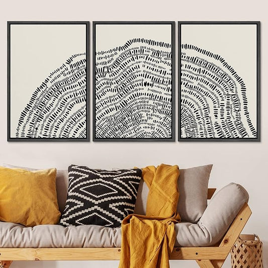 SIGNLEADER Framed Canvas Print Wall Art Set Duotone Geometric Wood Tree Ring Collage Abstract Shapes Illustrations Modern Art Boho Decorative for Living Room, Bedroom, Office - 24"x36"x3 BLACK