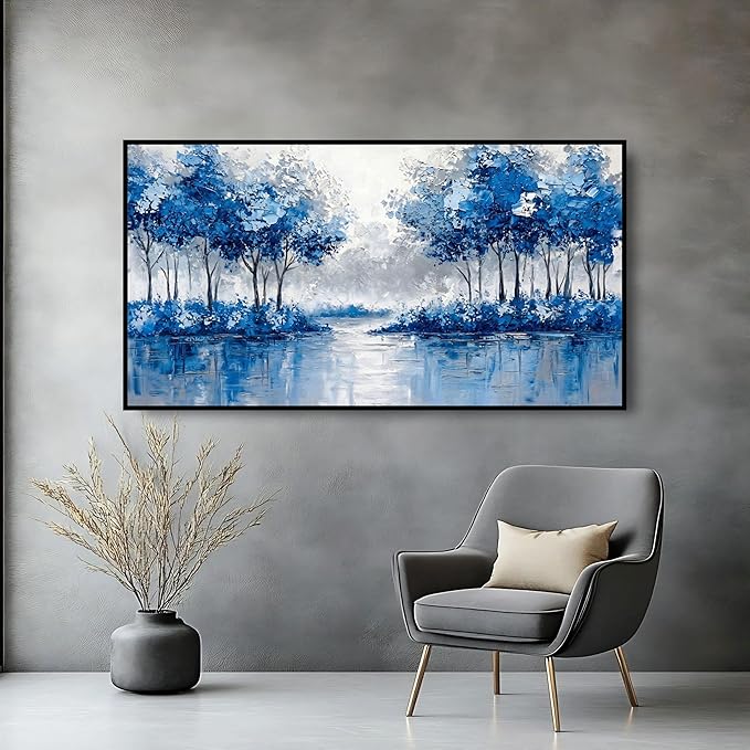 Large Wall Art for Living Room Bedroom Office Entryway, Blue Gold Abstract Modern Luxury Framed Crystal Porcelain Wall Decor, Waterproof Easy Clean Artwork for Home Hotel Restaurant Bar 24x48 Inch