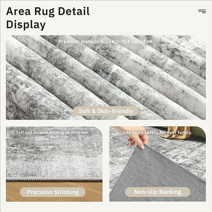 Soalmost Abstract Rug 5x7 Machine Washable Area Indoor Grey White Low Pile Non-Slip Foldable Thin Accent Rugs for Bedroom Living Room Dining Room