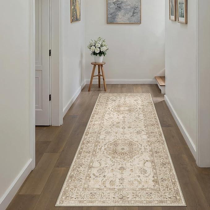 PureCozy 2x6 Beige Runner Rug Washable Hallway Vintage Carpet Kitchen Distressed Small Long Non Slip Low Pile Thin Bedroom Medallion Accent Throw Rug Laundry Living Room