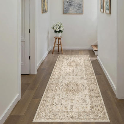 PureCozy 2x6 Beige Runner Rug Washable Hallway Vintage Carpet Kitchen Distressed Small Long Non Slip Low Pile Thin Bedroom Medallion Accent Throw Rug Laundry Living Room