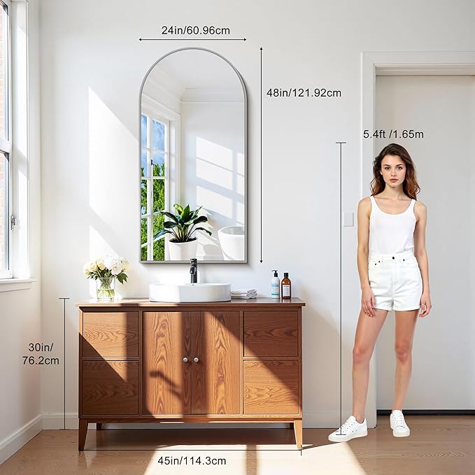 CIRCUMI Arched Wall Mirror, 24"x48" Silver Arched Mirror with Tempered Glass, Metal Frame, Large Size for Bathroom, Living Room,Entryway,Over Sink, Arch Mirror for Decor,Shatterproof&Crystal-Clear