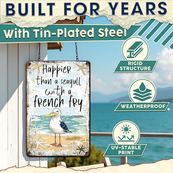 Metal Tin Sign Poster Funny Wall Art Seagull With French Fry Plaque Retro Decor For Beach Lovers Coastal Home Lake House Poolside Nautical Bar 8x12 Inch