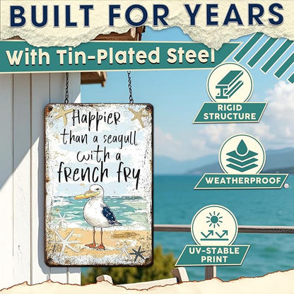 Metal Tin Sign Poster Funny Wall Art Seagull With French Fry Plaque Retro Decor For Beach Lovers Coastal Home Lake House Poolside Nautical Bar 8x12 Inch