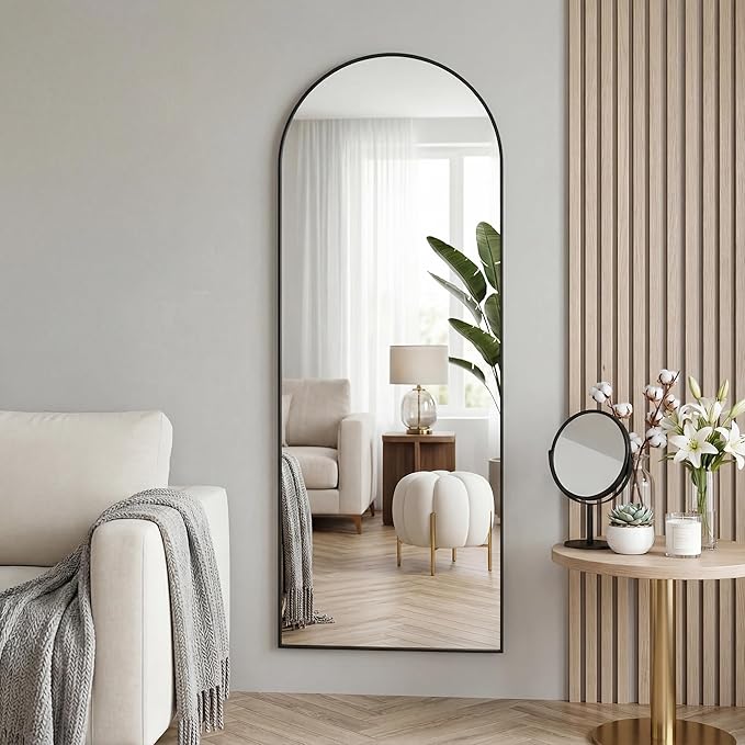 58"x20" Arched Full Length Door Mirror, Over-the-Door Hanging, Floor Standing, Wall Mounted or Leaning, Metal Frame Body Mirror for Bedroom, Living Room, Closet, Dorm, Black