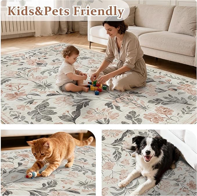 Area Rugs 9x12 Living Room: Lagre Boho Living Room Rug Soft Non-Slip Thin Carpet Indoor Floor Non-Shedding Neutral Floral Carpets for Bedroom Dining Room Farmhouse Nursery Pink