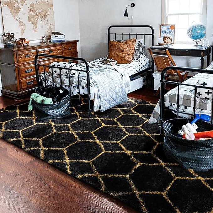 ONASAR 5x7 Area Rugs for Living Room Bedroom, Fluffy Black and Gold Faux Fur Rug, Geometric Boho Soft Plush Shaggy Floor Carpet Mat for Nursery Kids Girls Boys Teen Dorm Home Office Decor