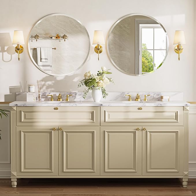 24 Inch Round Mirror for Wall Decor, Frameless Beveled Circle Mirror with Solid Backing, Small Round Bathroom Mirror for Vanity, Entryway & Bedroom, Flush Mount
