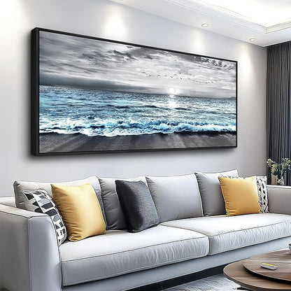 Wapluam Framed Wall Art for Bedroom Decor, Beach Canvas Wall Art Large Ocean Sunset Seascape Print, Modern Coastal Landscape Artwork for Living Room Bathroom Home Decor Ready to Hang 32x72 In