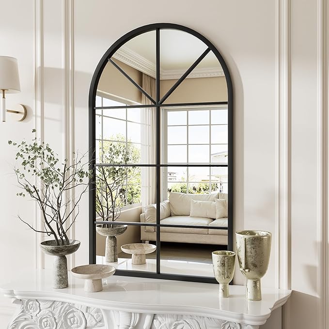 Rowjut Arched Wall Mirror Wall Decorative/Iron Framed Window Pane Mirrors,42" x 24" Window Mirror, Arched Top Wall Mirror for Entryway Living Room, Bedroom, Fireplace .(Deep Black)