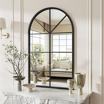 Rowjut Arched Wall Mirror Wall Decorative/Iron Framed Window Pane Mirrors,42" x 24" Window Mirror, Arched Top Wall Mirror for Entryway Living Room, Bedroom, Fireplace .(Deep Black)