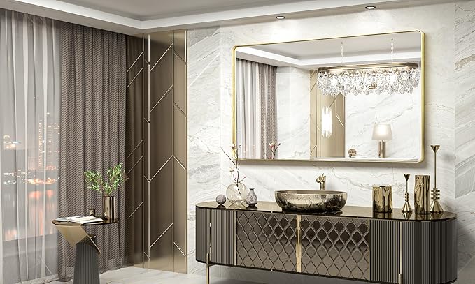 TokeShimi 60 x 36 Inch Brushed Gold Bathroom Vanity Mirror for Wall with Non-Rusting Aluminum Alloy Matte Metal Frame for Modern Farmhouse Home Decor (Horizontal/Vertical)