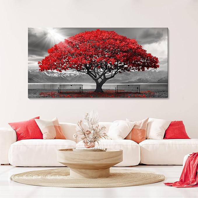 Red Wall Art - Modern Framed Wall Art for Living Room - Large Red Tree Black and White Landscape Canvas Prints - Posters & Prints for Home Office Bedroom Decorations - Large Wall Pictures 29×58IN
