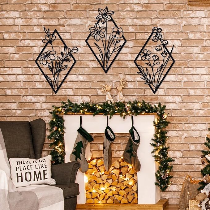 ShxTrade 3 Pcs Metal Flowers Wall Arts, Rustic Farmhouse Decor Minimalist Flower Wall Decors Natural Themed Home Decorations for Bathroom Kitchen Living Room Bedroom (Black)