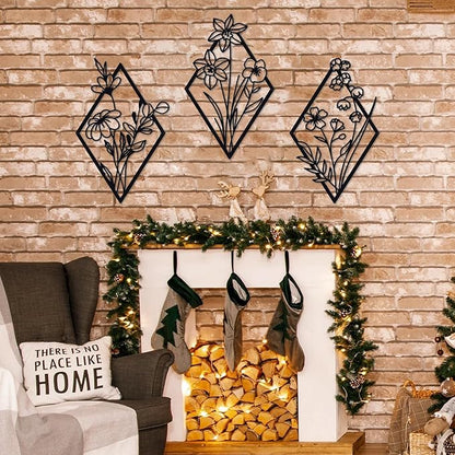 ShxTrade 3 Pcs Metal Flowers Wall Arts, Rustic Farmhouse Decor Minimalist Flower Wall Decors Natural Themed Home Decorations for Bathroom Kitchen Living Room Bedroom (Black)