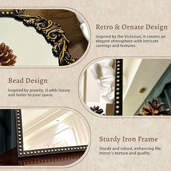 Vintage Vanity Makeup Mirror, 12.1" x 9.8" Antique Arched Black Table Mirrors for Dresser,Baroque Decor Ornate Standing Mirror for Living Room,Tabletop,Bedroom