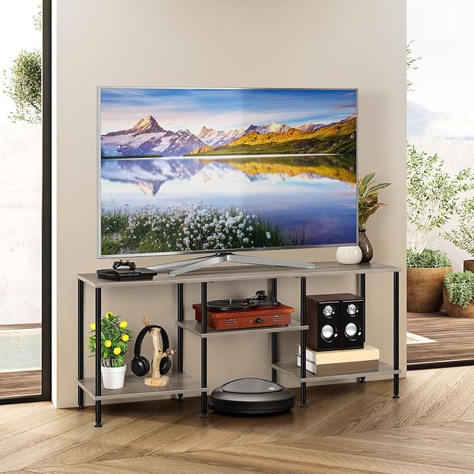 BTY TV Stand for Living Room Modern TV Console with Storage 50 Inch Small Wood Entertainment Stand with Open Storage Shelves for Bedroom, Small Space, Grey