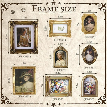 8 Pcs Picture Gold Vintage Gallery Wall Frame Set Antique Resin Picture Frame Collage Including 8x10, 5x7, 4x6 Baroque Victorian for Wall Tabletop Display Ornate French Country for Bedroom Living Room