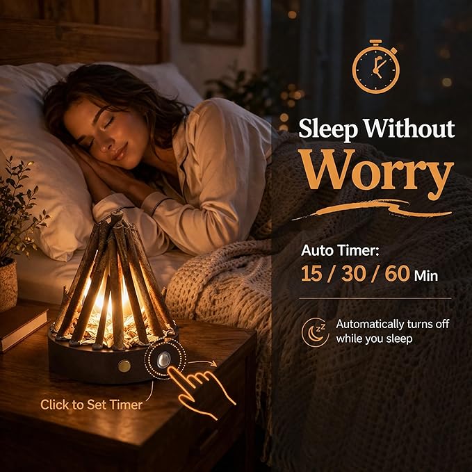 Rechargeable Campfire Night Light with Crackling Sound, Realistic Flame Lamp, 3 Modes, Timer, Portable Wireless Ambient Light for Bedroom Living Room (Walnut)