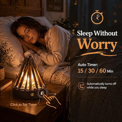 Rechargeable Campfire Night Light with Crackling Sound, Realistic Flame Lamp, 3 Modes, Timer, Portable Wireless Ambient Light for Bedroom Living Room (Natural Wood)