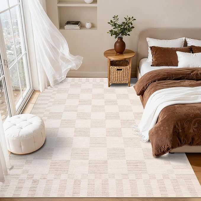 GarveeHome Beige Checkered Rug,Washable 3x5 Rug Non Slip for Entryway,Modern Soft Low-Pile,Neutral Farmhouse Geometric Checkerboard Rug,Small Area Rugs for Bedroom Kitchen Dining Room