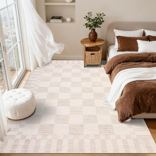 GarveeHome Beige Checkered Rug,Washable 3x5 Rug Non Slip for Entryway,Modern Soft Low-Pile,Neutral Farmhouse Geometric Checkerboard Rug,Small Area Rugs for Bedroom Kitchen Dining Room