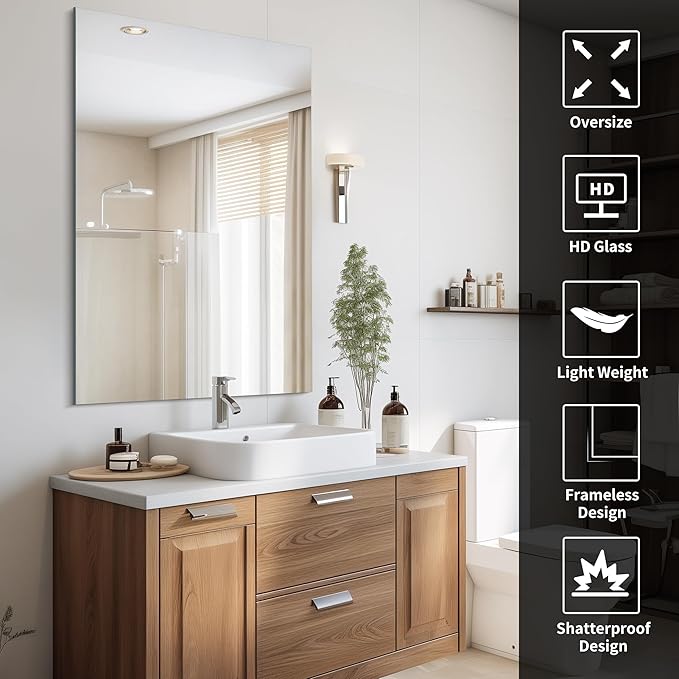 CILIBER Frameless Mirror, 30x48 Rectangle Bathroom Mirrors for Wall, Large Frameless Vanity Mirror Over Sink with Polished Edge, 3mm Tempered Glass, Hangs Horizontally or Vertically
