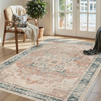 Rugxara 3x5 Orange Washable Entryway Rug, Non Slip Boho Runner Rugs for Hallway, Entrance, Kitchen, Bathroom, Laundry Room, Soft Entryway Carpet, Throw Low Pile Retro Imitation Wool Carpet, Coral