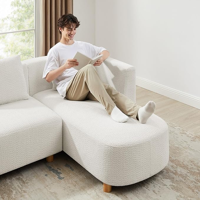 VANOMi 113" Sectional Sofa with 4 Pillows, U-Shaped 4-Seater Comfy Boucle Cloud Couch, Modern Double Chaises Lounge Sofas for Living Room, Office, Apartment (White-U)
