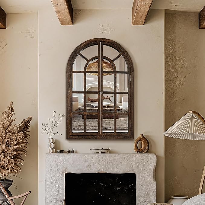 Arched Wall Mirror with Wood Window Frame, 36x24 Vintage Rustic Arch Farmhouse Mirror for Wall, Living Room, Bedroom, Entryway(Brown)