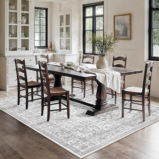 6x9 Gray Washable Area Rugs for Living Room Non Slip Low Pile Vintage Boho Throw Rug Soft Retro Distressed Floral Large Carpet Indoor Farmhouse Decor for Bedroom Dining Room Office Kitchen Playroom