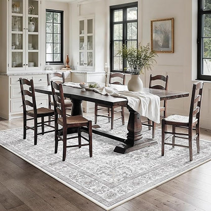 5x7 Gray Washable Area Rugs for Living Room Non Slip Low Pile Vintage Boho Throw Rug Soft Retro Distressed Floral Carpet Indoor Farmhouse Decor for Bedroom Dining Room Office Kitchen Playroom