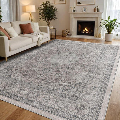 DEXI Area Rugs for Living Room, 8x10 Washable Low Pile Floral Rug for Bedroom, Non Slip Large Indoor Carpet for Dining Office Nursery, Grey