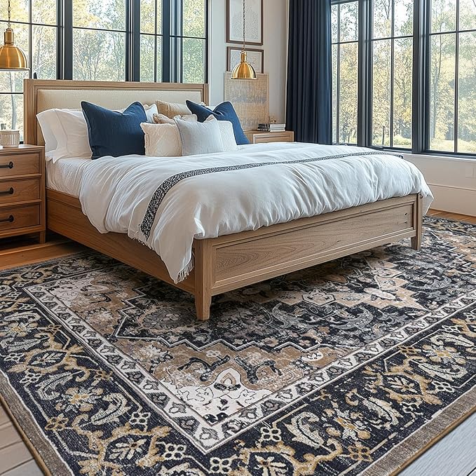 Lessymo 9 x 12 Area Rugs for Living Room, Machine Washable Area Rugs Boho Faux Wool Low Pile Area Rug for Bedroom, Floral Medallion Vintage Rugs with Non-Slip Rubber, Kid & Pet Friendly,Black Brown