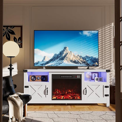 Furmax LED Entertainment Center with Fireplace, Fireplace TV Stand with Storage Cabinets and 2 Open Shelves, Modern Media TV Console for Living Room (White)
