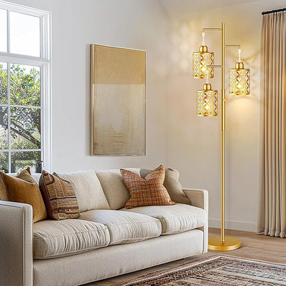 Dimmable Floor Lamp, Farmhouse Standing Lamp with Elegant Metal Cage, Industrial Tall Tree Floor Lamps for Living Room, Bedroom, Study Room, Office, 3 x 800LM LED Bulbs Included, 72", Gold
