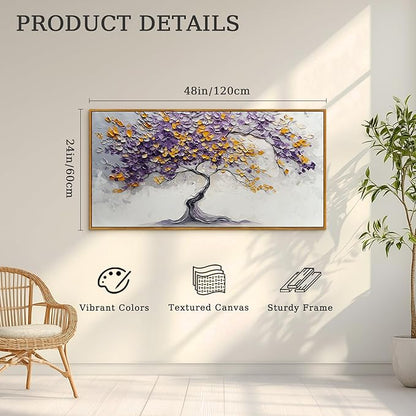 crmotu Tree of Life Framed Wall Art Large Artwork, Purple Gold Tree Abstract Art Prints, Nature Plant Aesthetic Canvas Art Wall Decor Living Room Bedroom, Zen Spiritual Home Decor Paintings 24x48inch