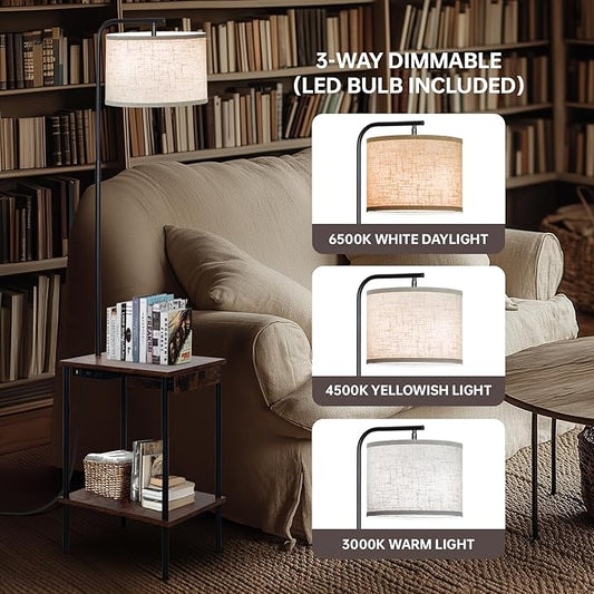 EOEYYOYB Floor Lamp with Table & Drawers, End Table Lamp with USB Charging Portt Power Outlet and Shelves, Side Table Reading Light with 3 Color Temperature Led Bulb Included for Living Room, Yellow