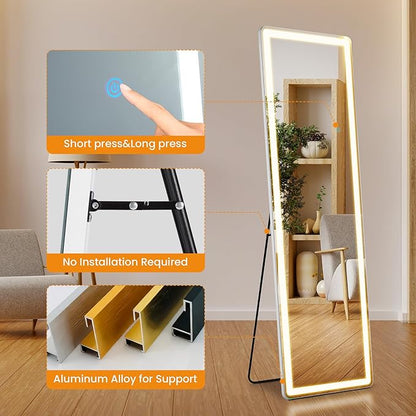 Full Length Mirror with Stand 16"×60", Upgraded Full Body Mirrors with LED Light 3 Color Lighting, Floor Standing, Hanging or Leaning Modern Simple Home Wall Decor, White
