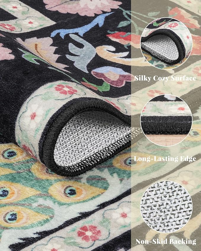 Black Floral 2'6"x8' Washable Non Slip Runner Rugs for Hallways, Non Skid Stain Resistant Rug Runners for Kitchen, Entryway, Mudroom - Dark Floral Cottagecore Home Decor