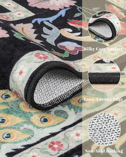 Black Floral 2'6"x8' Washable Non Slip Runner Rugs for Hallways, Non Skid Stain Resistant Rug Runners for Kitchen, Entryway, Mudroom - Dark Floral Cottagecore Home Decor