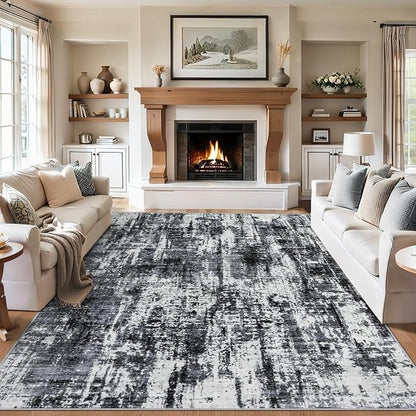 Area Rugs 9x12 Living Room - Washable Rug Modern Abstract Soft Large Neutral Non-Slip Carpet Indoor Floor Thin Carpets for Bedroom Dining Room Farmhouse Nursery Home Office Black