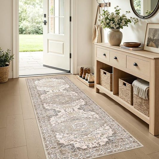 Washable 2x6 Runner Rugs: Non Slip Vintage Brown Area Rugs for Living Room, Large Soft Stain Resistant Indoor Floor Carpets for Bedroom Dining Room Nursery Home Office Kid & Pet Friendly