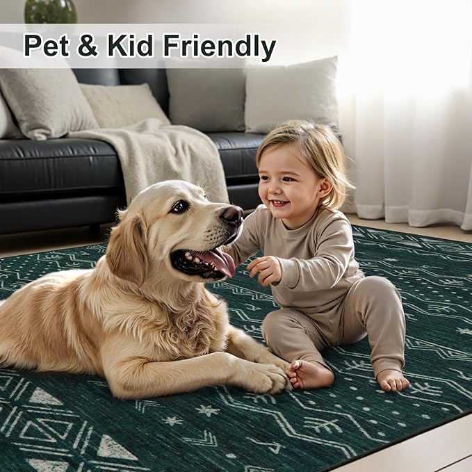 SERISSA 3x5 Area Rugs for Living Room, Washable Non-Slip Dark Green Small Boho Rug, Soft Low-Pile Geometric Indoor Throw Carpet for Bedroom Kitchen Dining Room Office